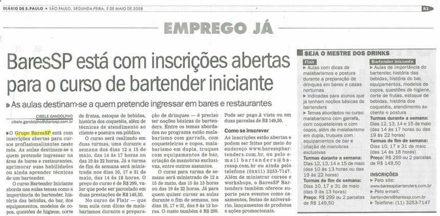 Diário de São Paulo divulga Curso de Bartender Iniciante